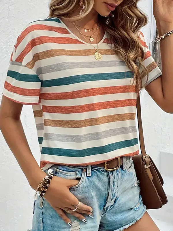 Striped Loose Short Sleeves Round-Neck T-Shirts Tops