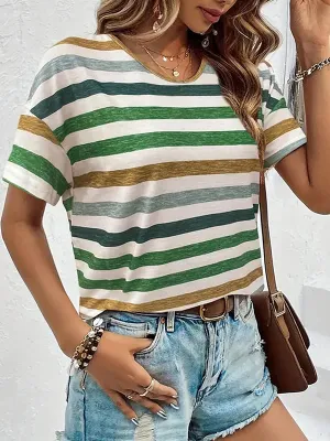 Striped Loose Short Sleeves Round-Neck T-Shirts Tops