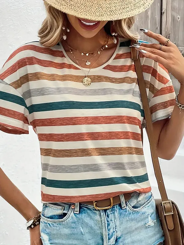 Striped Loose Short Sleeves Round-Neck T-Shirts Tops