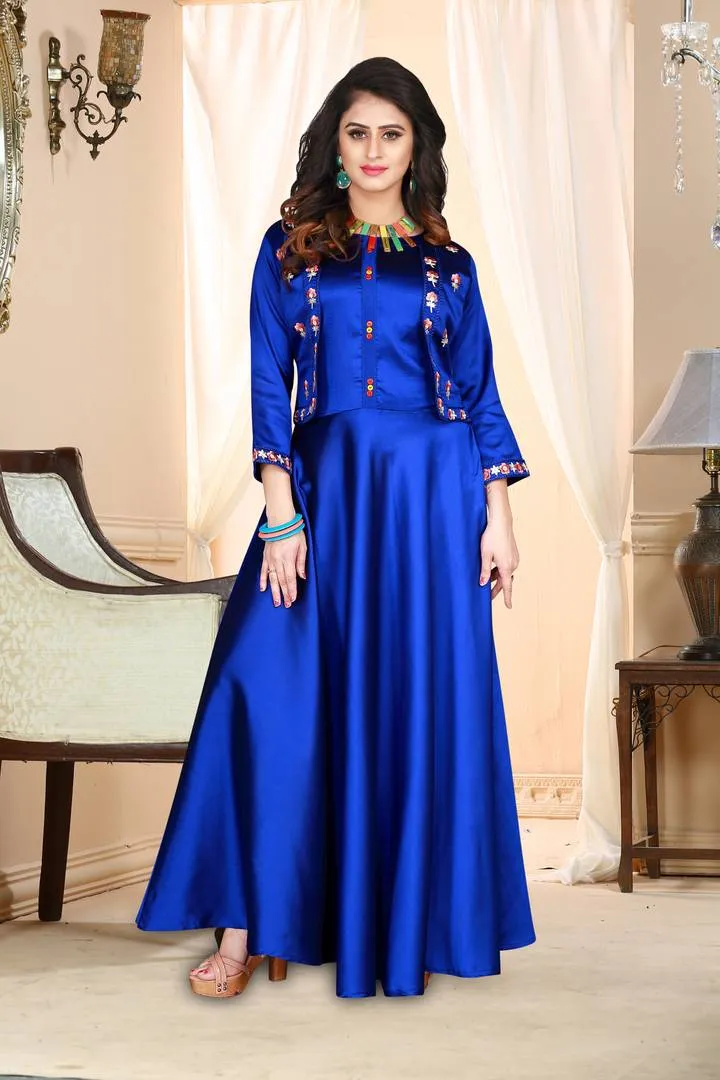Stylish Blue Satin Embroidered Stitched Gown