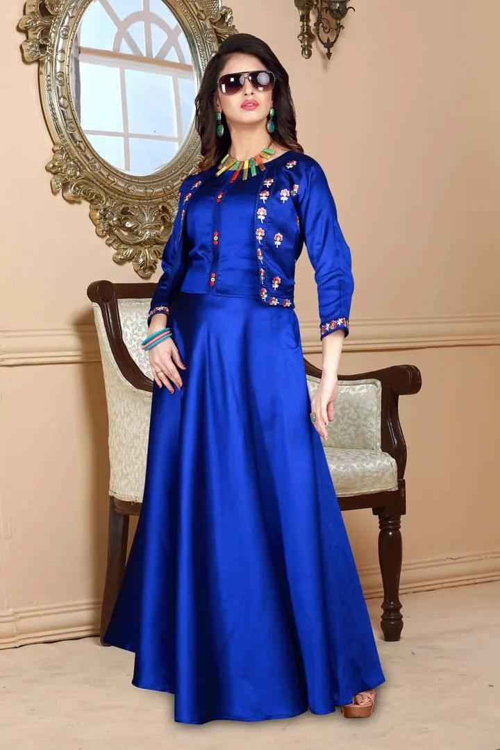 Stylish Blue Satin Embroidered Stitched Gown