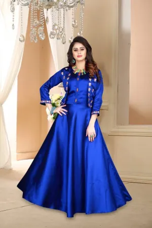 Stylish Blue Satin Embroidered Stitched Gown