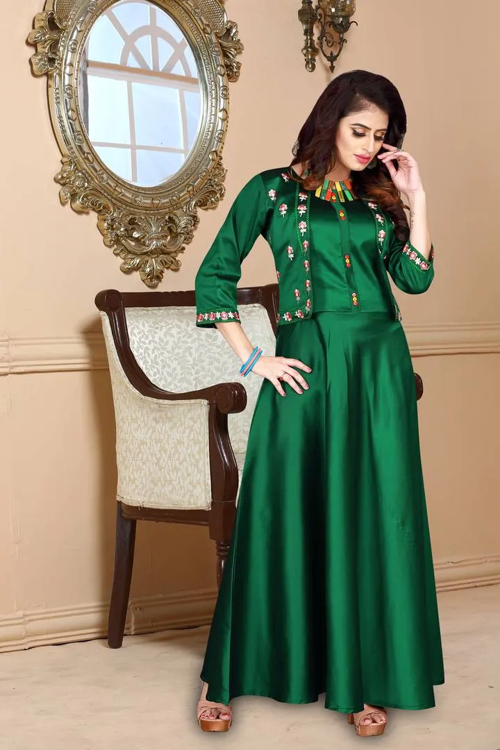 Stylish Green Satin Embroidered Stitched Gown