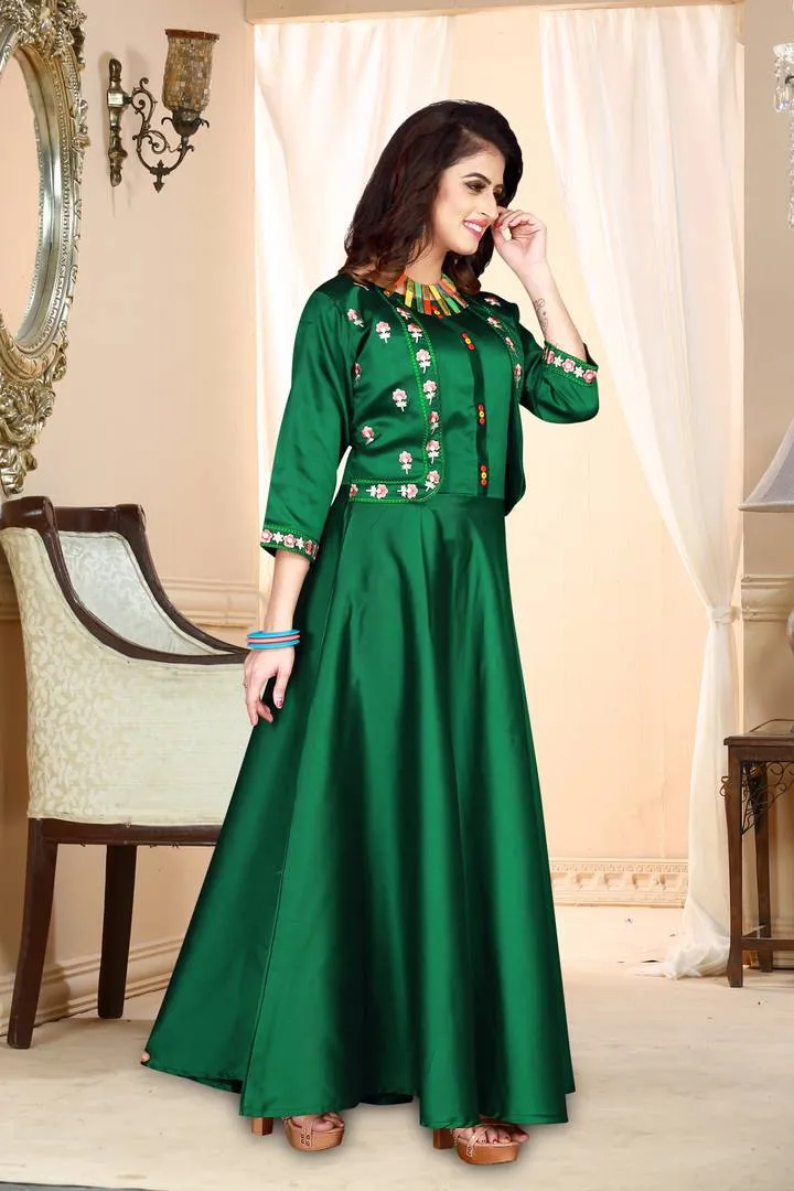 Stylish Green Satin Embroidered Stitched Gown