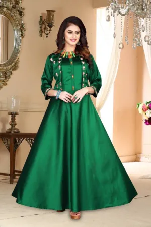 Stylish Green Satin Embroidered Stitched Gown
