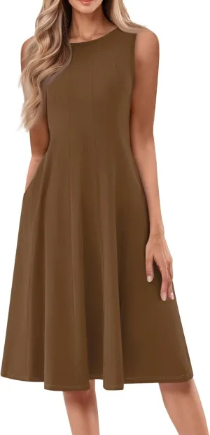 Summer Casual Dresses for Women Solid/Floral Print Sleeveless Midi Dress Swing Tank Sundress Crewneck Pleated Tshirt Dress
