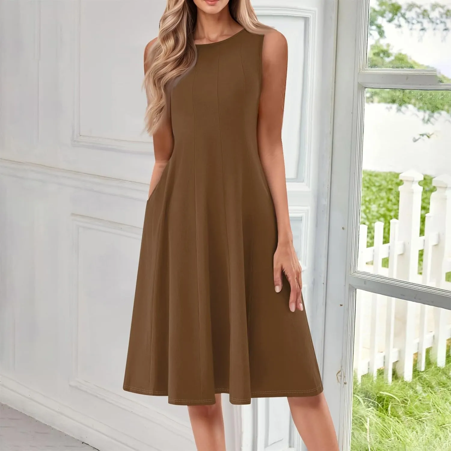 Summer Casual Dresses for Women Solid/Floral Print Sleeveless Midi Dress Swing Tank Sundress Crewneck Pleated Tshirt Dress