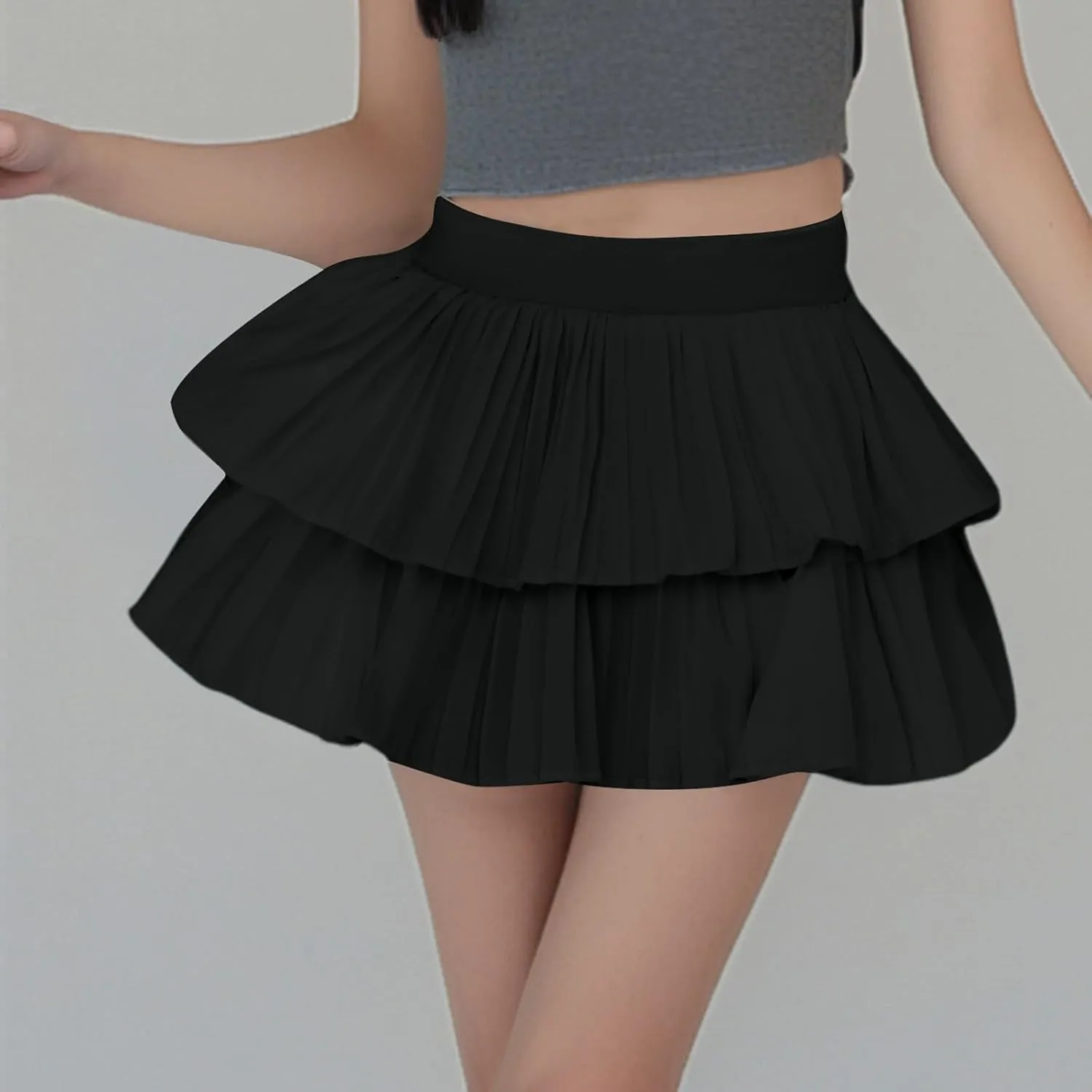 Summer Skirts for Women Trendy High Elastic Waist Solid Loose Double Ruffle Hem Comfy Casual Pleated Short Skirts