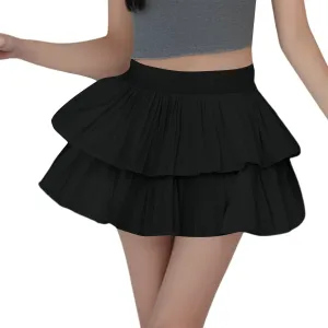 Summer Skirts for Women Trendy High Elastic Waist Solid Loose Double Ruffle Hem Comfy Casual Pleated Short Skirts