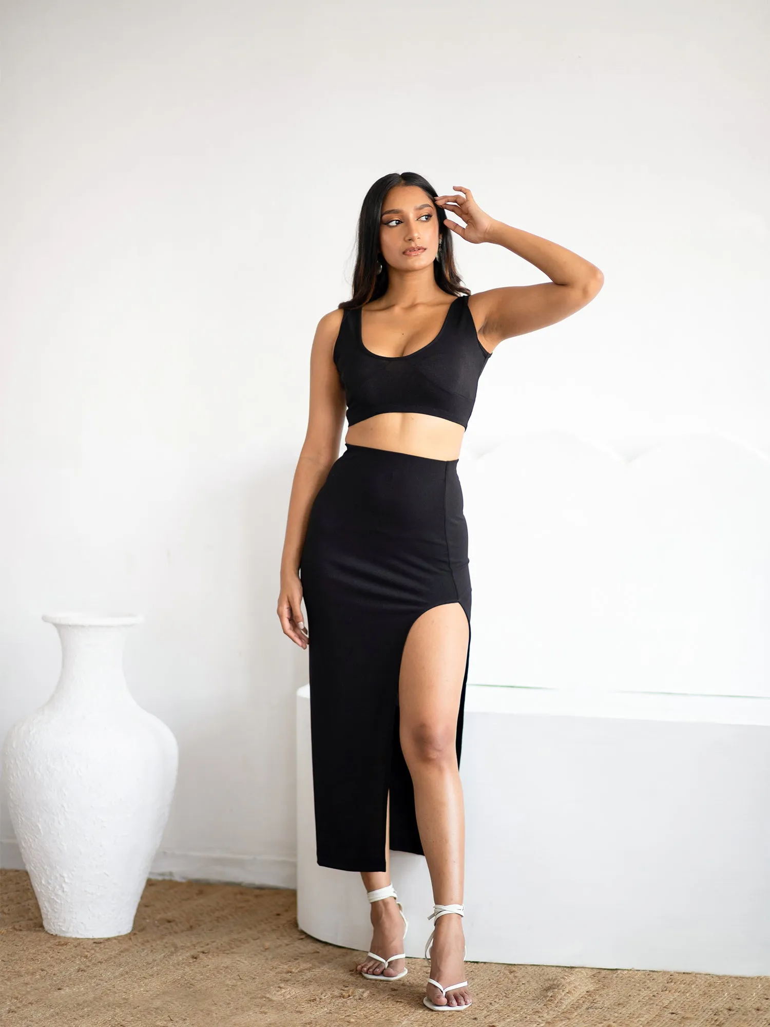 Waist Elasticated Side Slit Midi Skirt