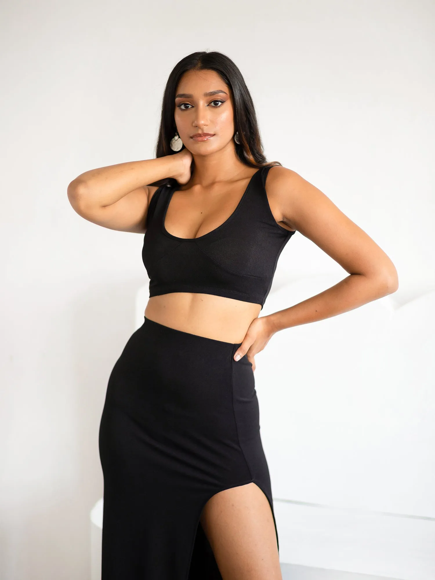 Waist Elasticated Side Slit Midi Skirt