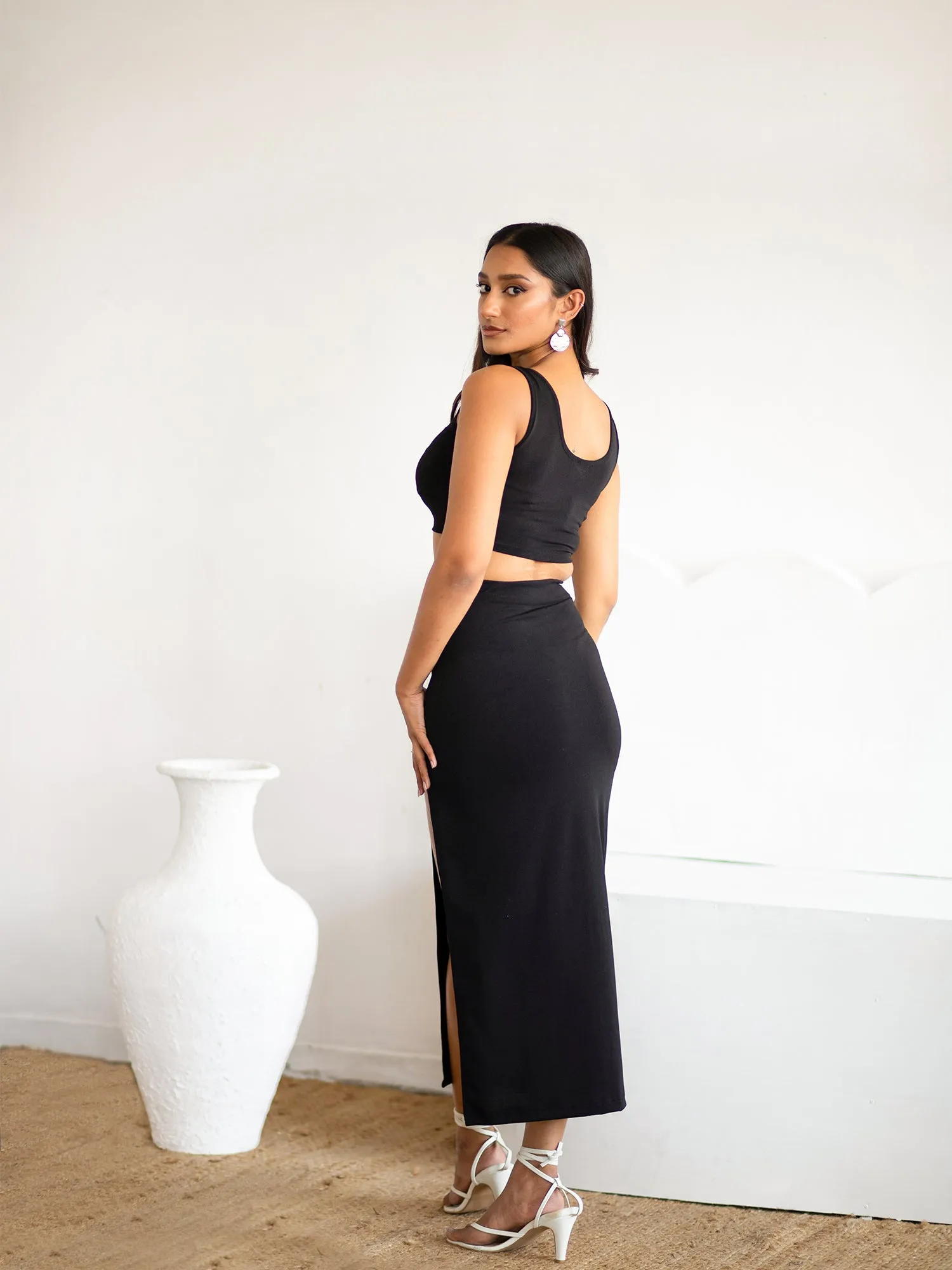 Waist Elasticated Side Slit Midi Skirt
