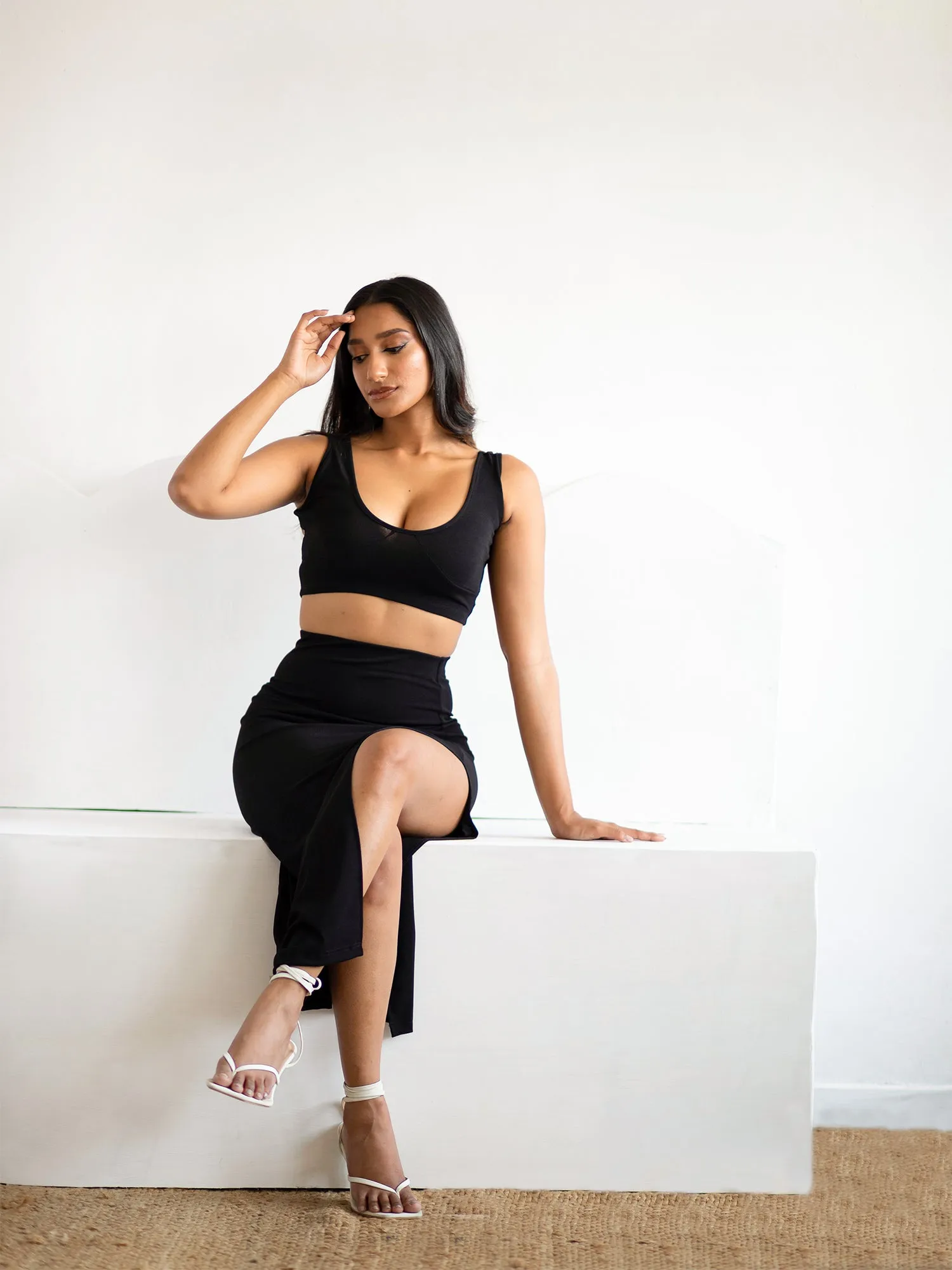 Waist Elasticated Side Slit Midi Skirt