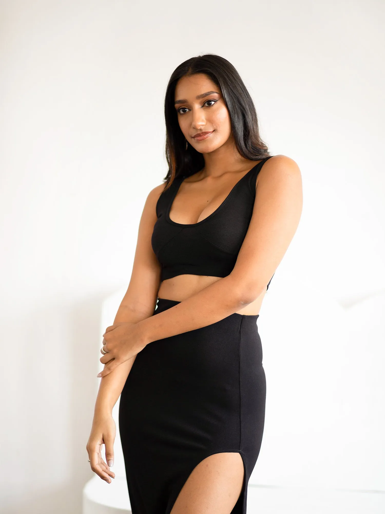 Waist Elasticated Side Slit Midi Skirt
