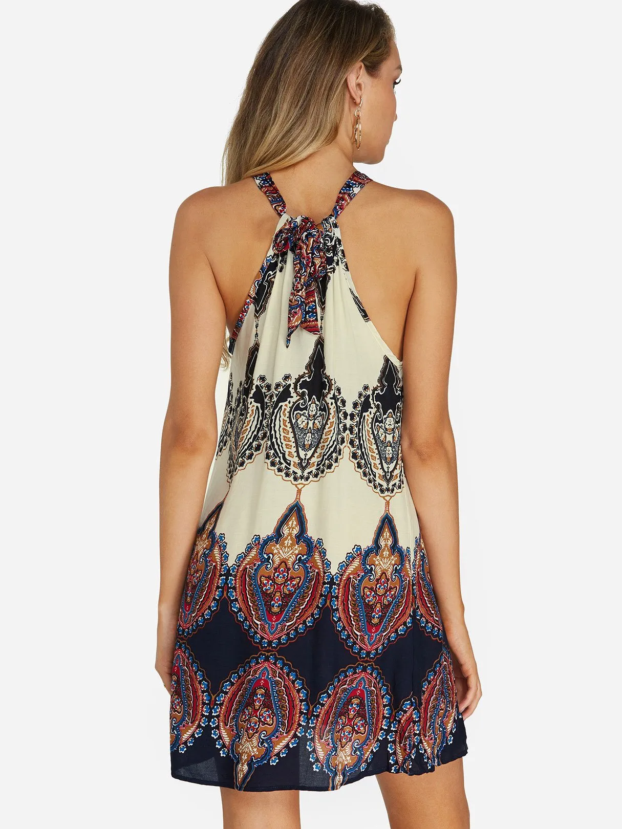 Wholesale Apricot Halter Sleeveless Tribal Print Self-Tie Casual Dress