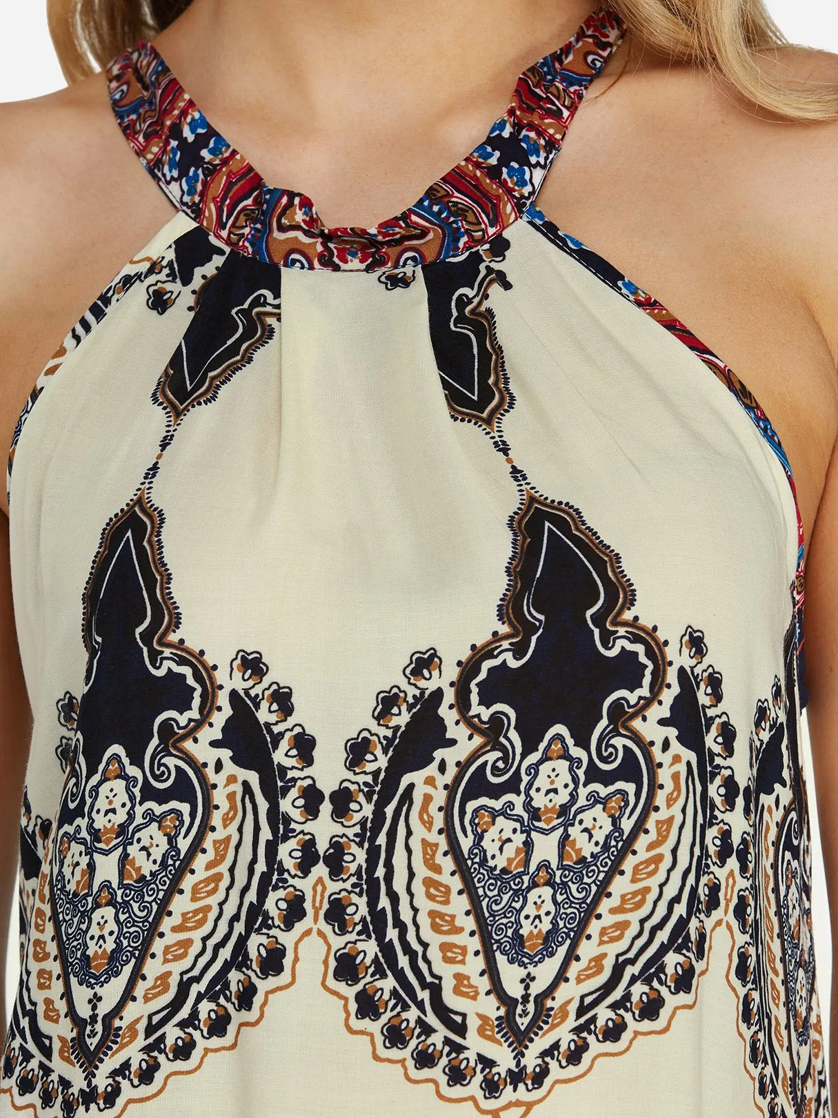 Wholesale Apricot Halter Sleeveless Tribal Print Self-Tie Casual Dress
