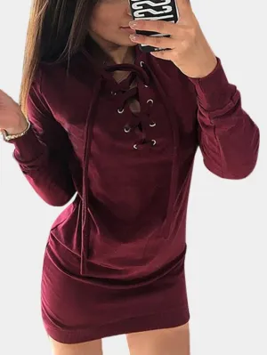 Wholesale Burgundy Long Sleeve Plain Casual Dresses