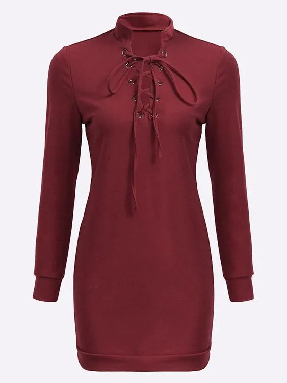 Wholesale Burgundy Long Sleeve Plain Casual Dresses
