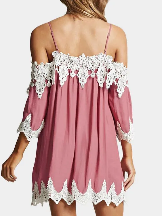 Wholesale Pink Bateau 3/4 Length Sleeve Plain Lace Stitching Hem Casual Dress
