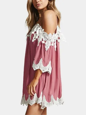 Wholesale Pink Bateau 3/4 Length Sleeve Plain Lace Stitching Hem Casual Dress