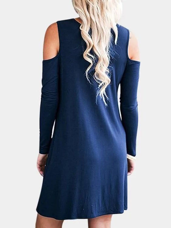 Wholesale Round Neck Cold Shoulder Long Sleeve Side Pockets Casual Dresses