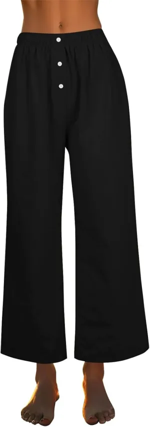 Wide Leg Linen Pants for Women Summer Casual Pants Elastic Waist Trouser Work Palazzo Pant with Pockets (S-2Xl)