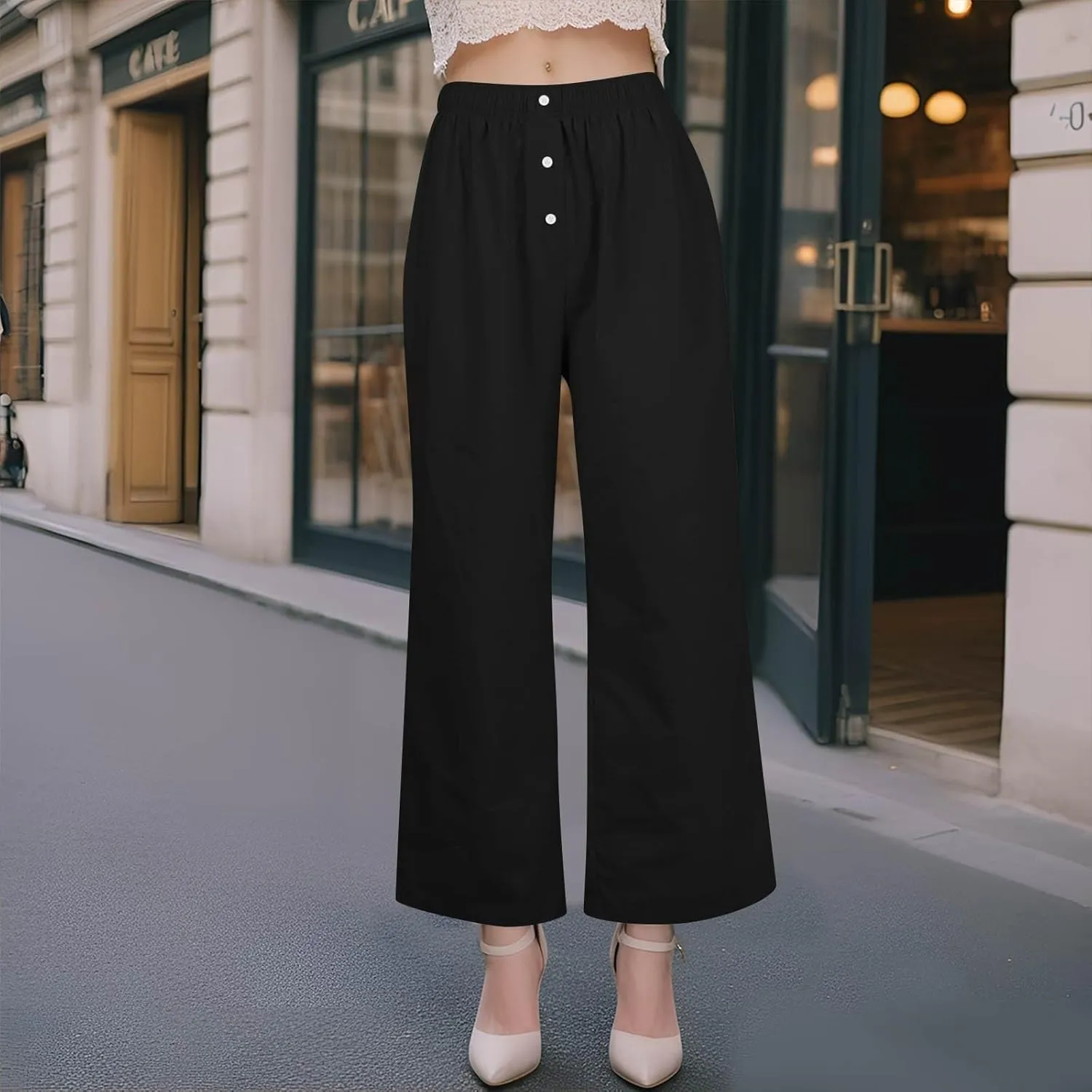 Wide Leg Linen Pants for Women Summer Casual Pants Elastic Waist Trouser Work Palazzo Pant with Pockets (S-2Xl)