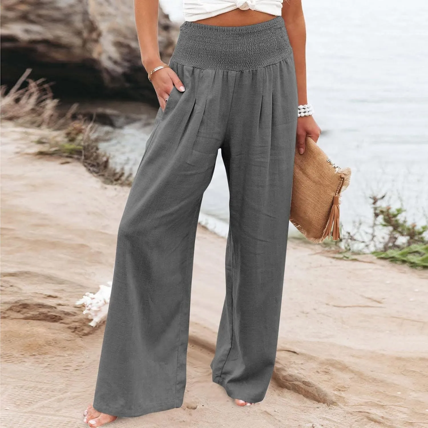 Wide Leg Sweatpants Women Linen Blend High Waisted Trouser Elastic Waist Lounge Pants Lightweight Summer Pants