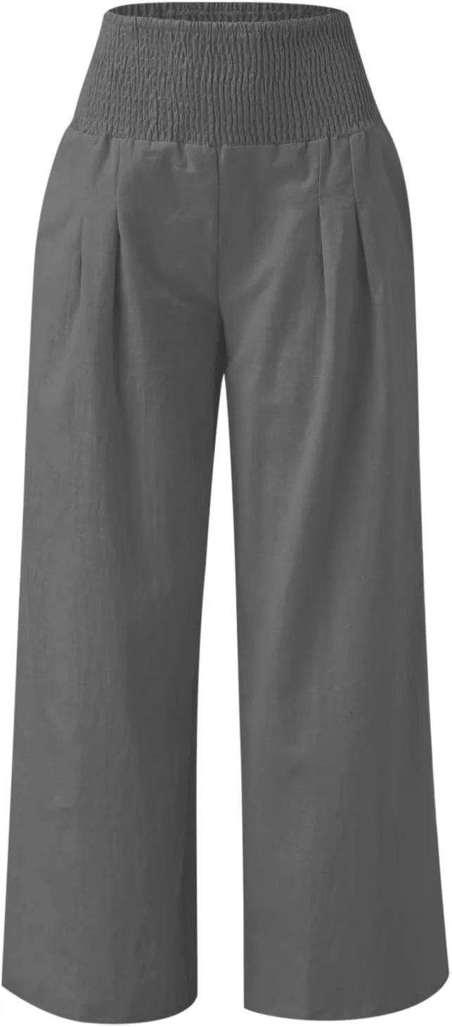 Wide Leg Sweatpants Women Linen Blend High Waisted Trouser Elastic Waist Lounge Pants Lightweight Summer Pants