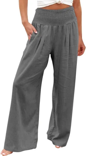 Wide Leg Sweatpants Women Linen Blend High Waisted Trouser Elastic Waist Lounge Pants Lightweight Summer Pants