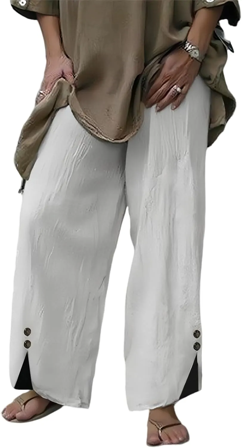 Womans Linen Pants Summer Baggy Button Wide Leg Palazzo Pants Casual High Waisted Trouser Beach Vacation Pant