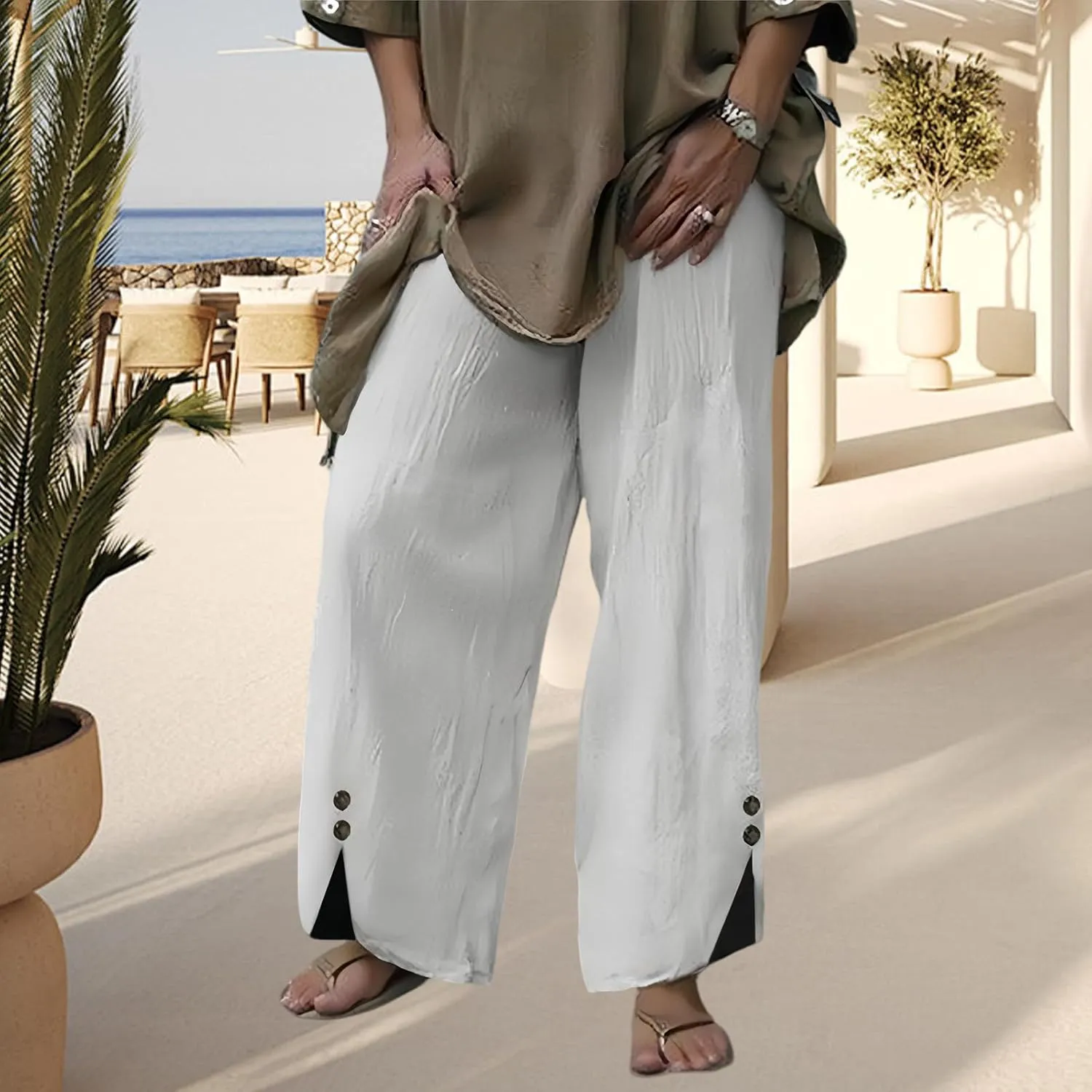 Womans Linen Pants Summer Baggy Button Wide Leg Palazzo Pants Casual High Waisted Trouser Beach Vacation Pant