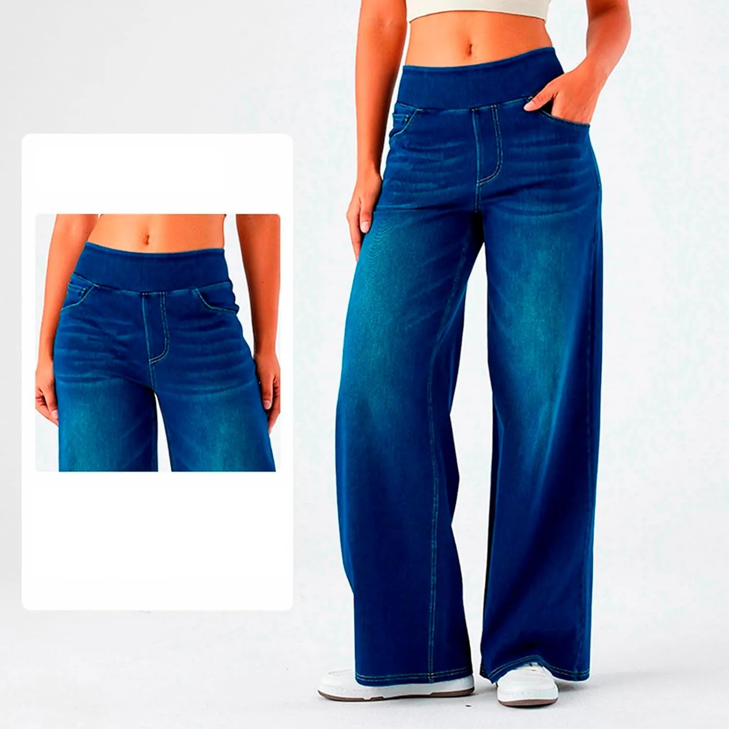 Women High Waisted Jeans Sweatpants That Look Like Jeans Stretchy Pull On Wide Leg Denim Pants with Pockets