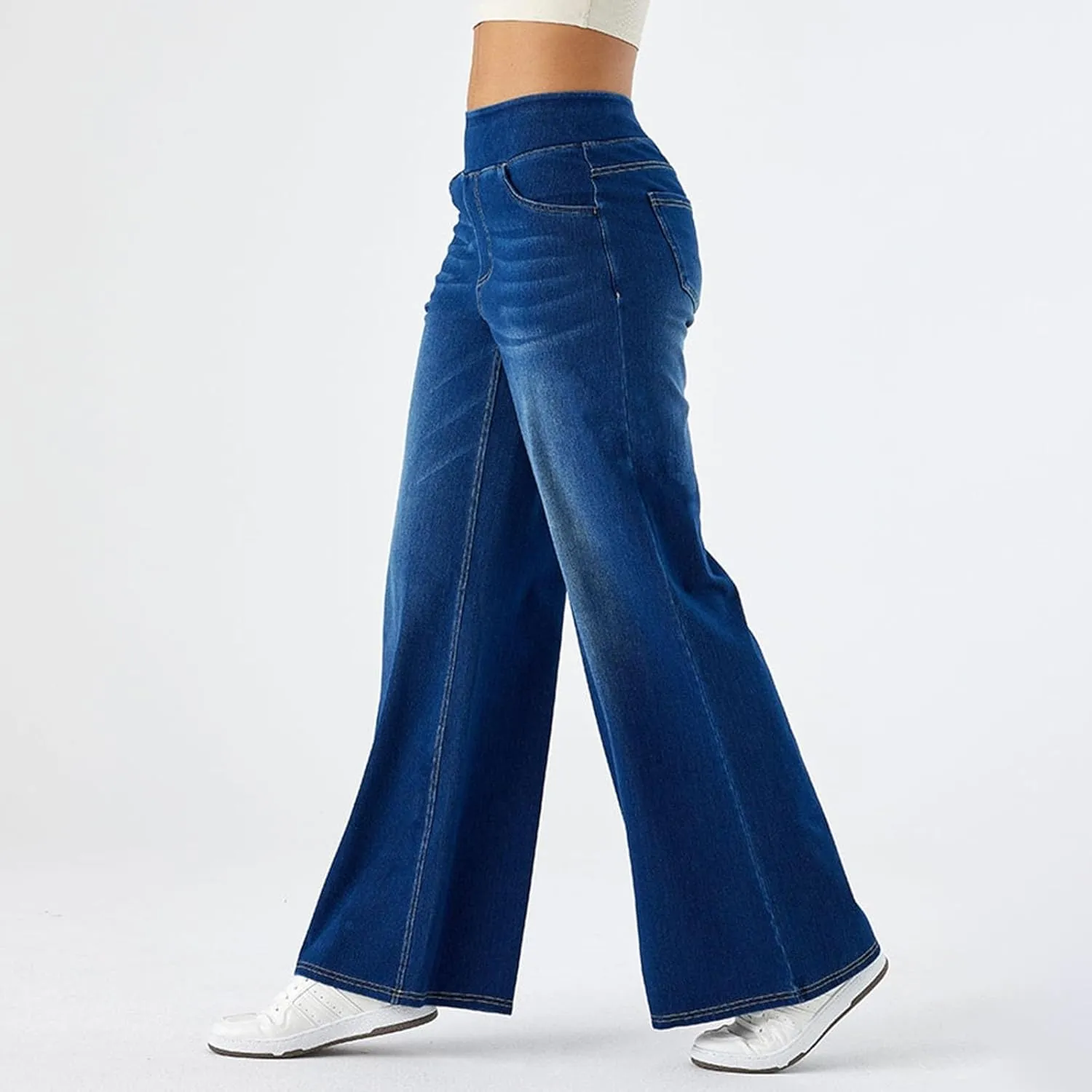 Women High Waisted Jeans Sweatpants That Look Like Jeans Stretchy Pull On Wide Leg Denim Pants with Pockets