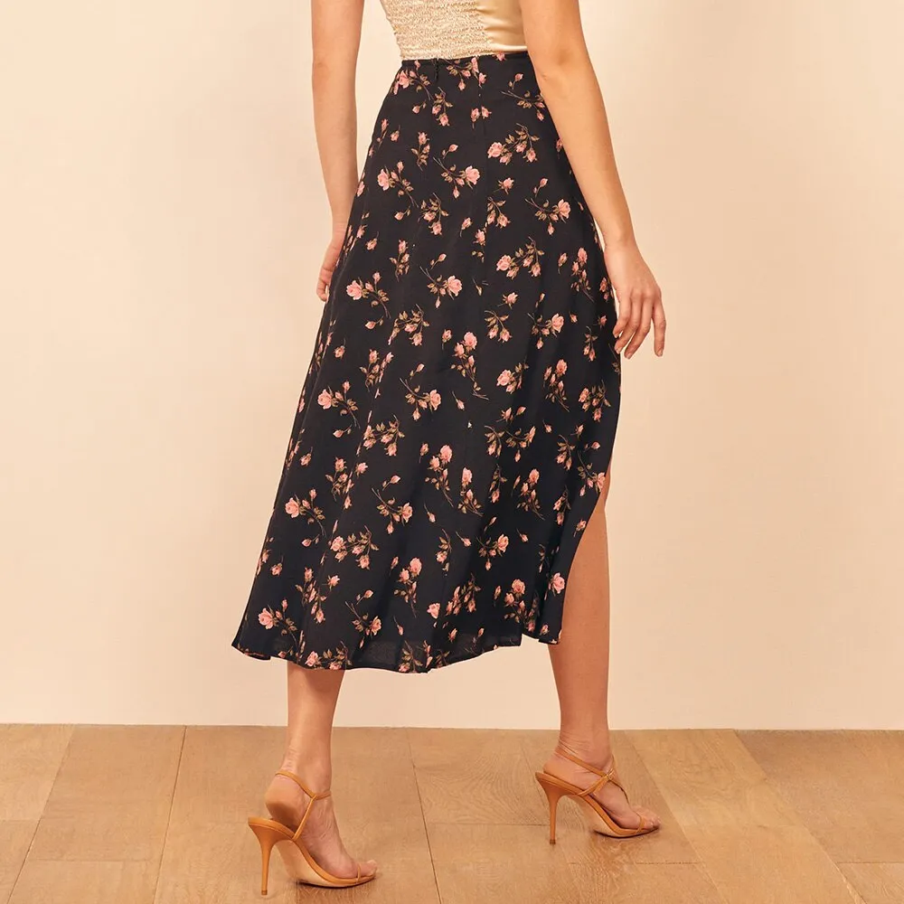 Women Skirt Fashion Elegant Vintage Black Floral Skirts Womens 2020