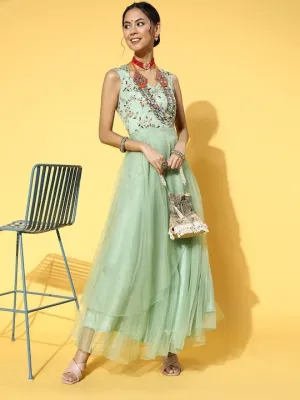 Women Stylish Green Floral Ethereal Embroidery Dress