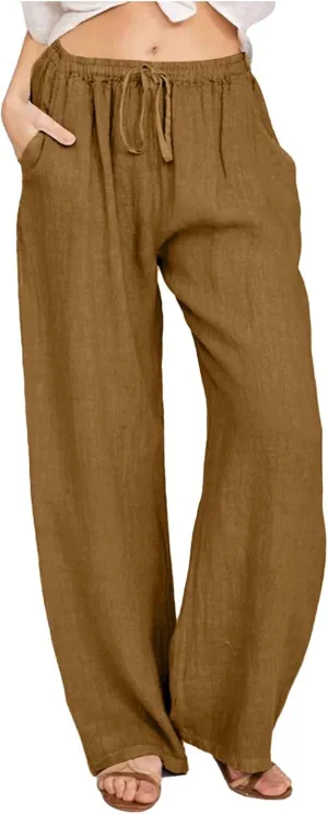 Women Wide Leg Linen Pants 2025 Summer High Waist Palazzo Pants Dress Solid Trouser with Pockets
