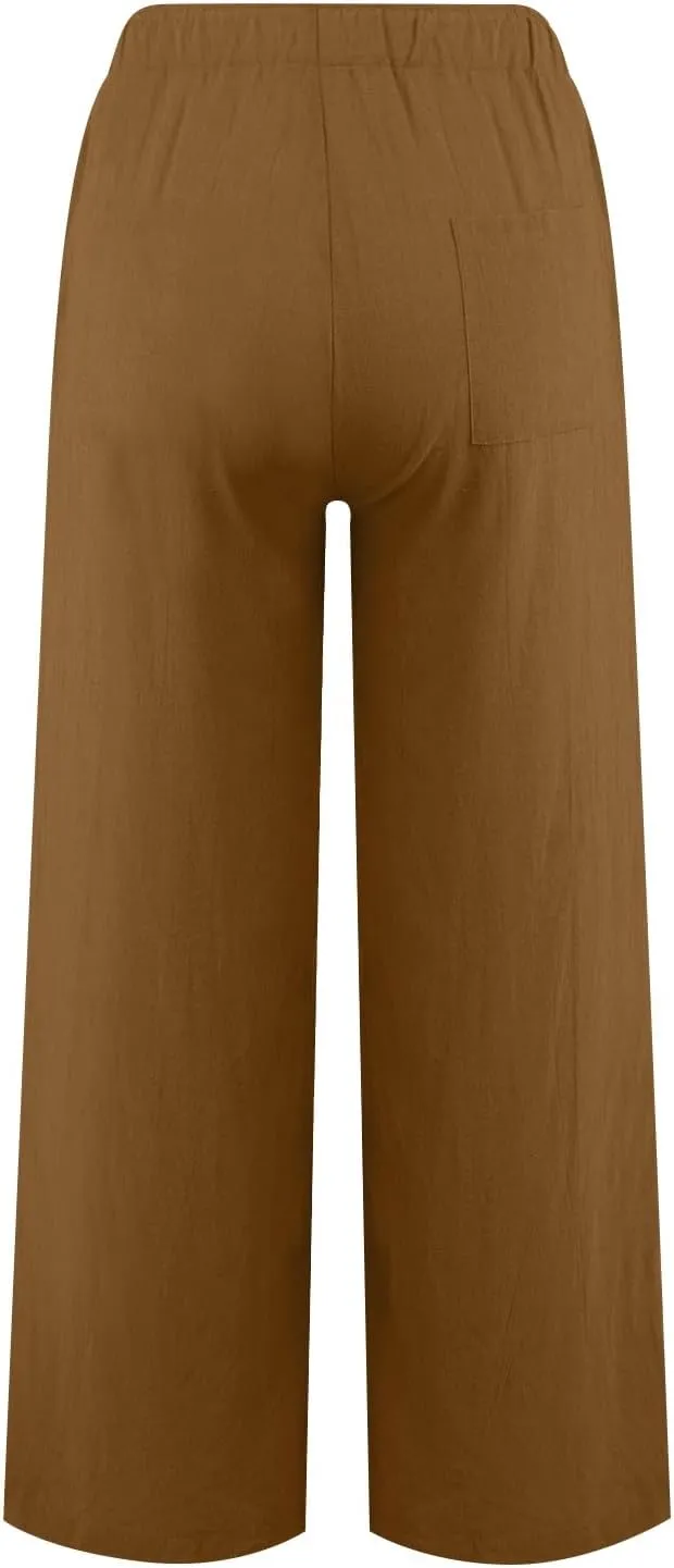 Women Wide Leg Linen Pants 2025 Summer High Waist Palazzo Pants Dress Solid Trouser with Pockets