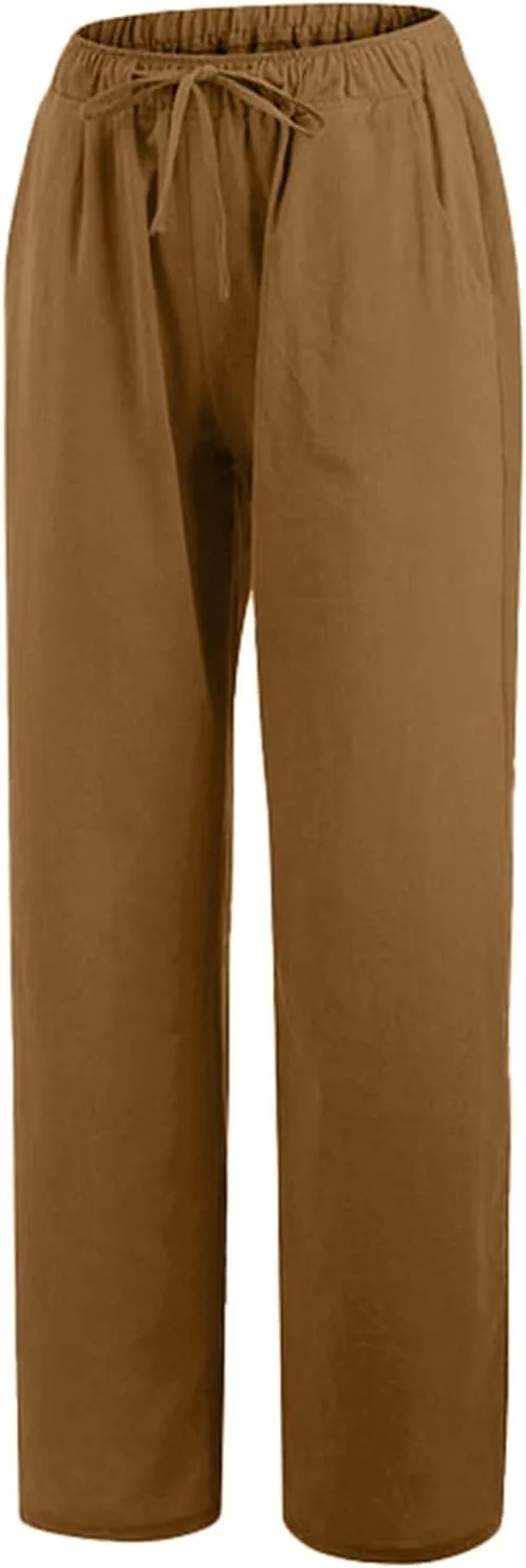 Women Wide Leg Linen Pants 2025 Summer High Waist Palazzo Pants Dress Solid Trouser with Pockets