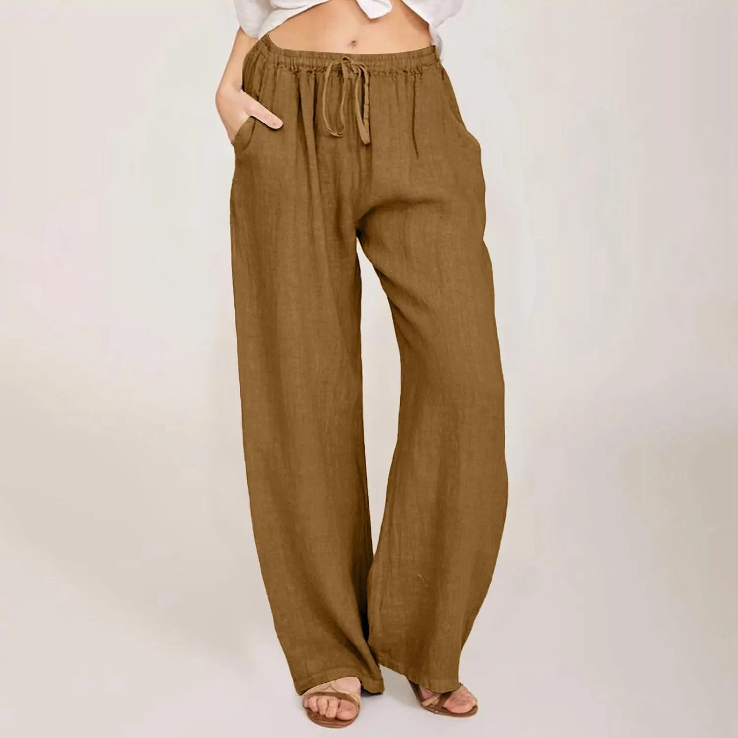 Women Wide Leg Linen Pants 2025 Summer High Waist Palazzo Pants Dress Solid Trouser with Pockets
