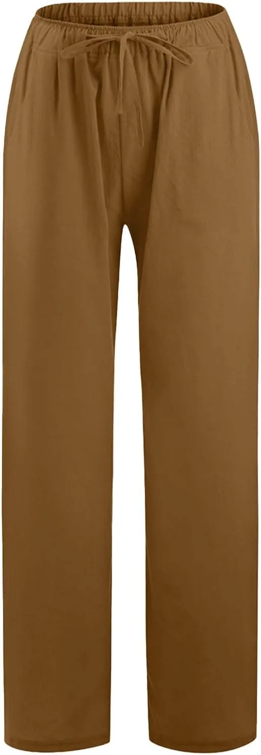 Women Wide Leg Linen Pants 2025 Summer High Waist Palazzo Pants Dress Solid Trouser with Pockets
