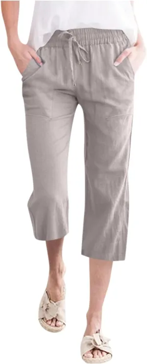 Women's Capris Summer Cotton Linen Pants Casual 2025 Wide Leg Elastic Waisted Cropped Trousers Beach Pants