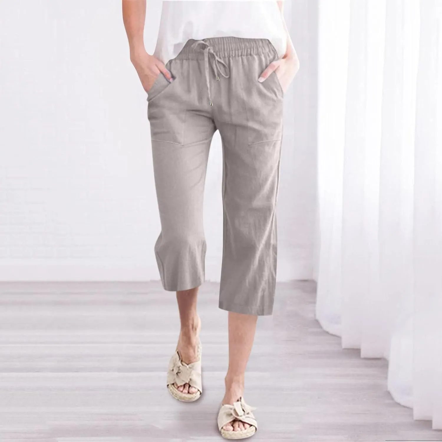 Women's Capris Summer Cotton Linen Pants Casual 2025 Wide Leg Elastic Waisted Cropped Trousers Beach Pants