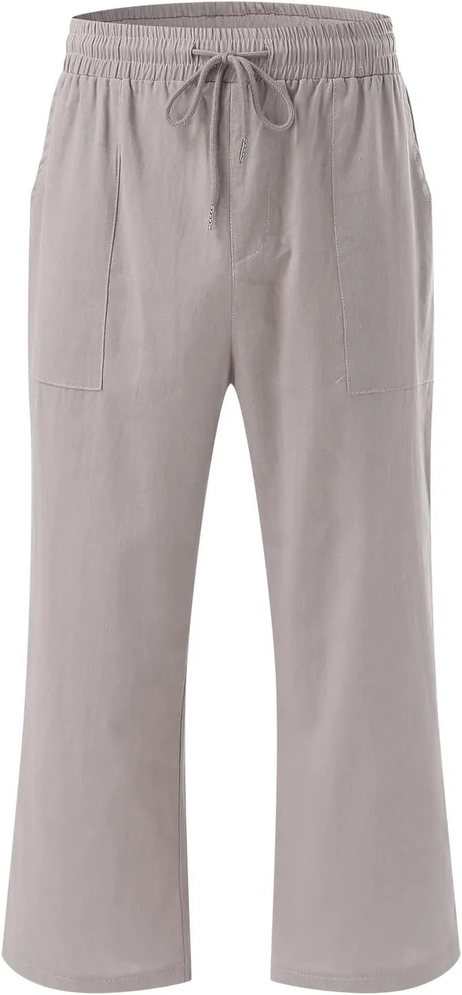 Women's Capris Summer Cotton Linen Pants Casual 2025 Wide Leg Elastic Waisted Cropped Trousers Beach Pants