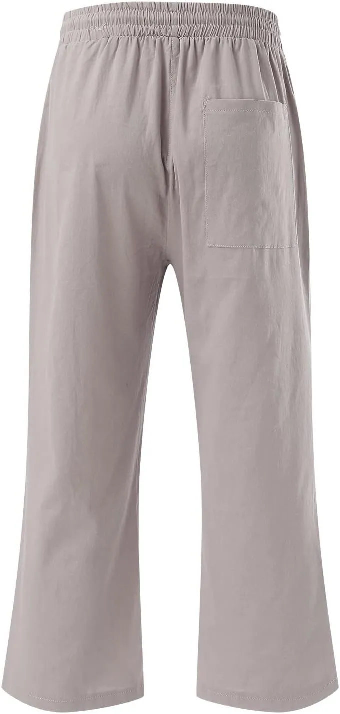 Women's Capris Summer Cotton Linen Pants Casual 2025 Wide Leg Elastic Waisted Cropped Trousers Beach Pants