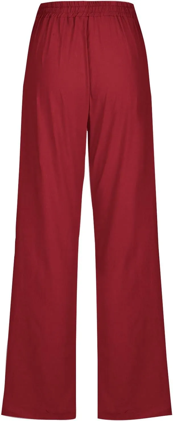 Womens Cotton Linen High Waisted Pants Drawstring Casual Loose Fit Summer Pants Comfy Trousers with Side Pockets