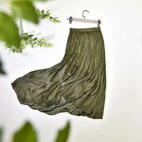 Women's Elegant Solid Color Midi Long Skirt Korean Female High Waist