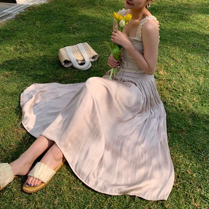 Women's Elegant Solid Color Midi Long Skirt Korean Female High Waist