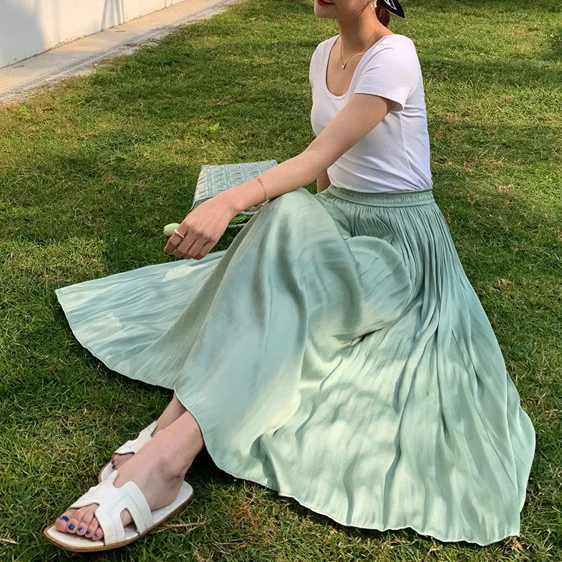 Women's Elegant Solid Color Midi Long Skirt Korean Female High Waist