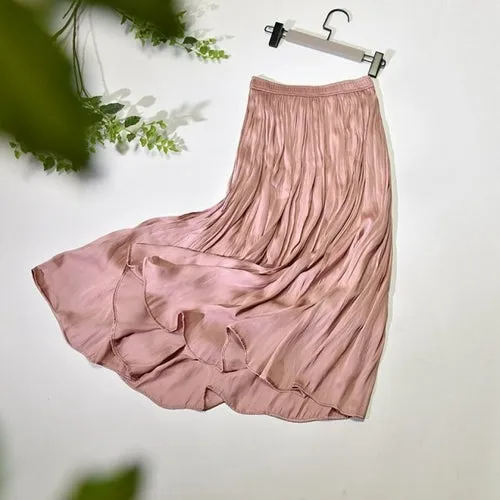 Women's Elegant Solid Color Midi Long Skirt Korean Female High Waist